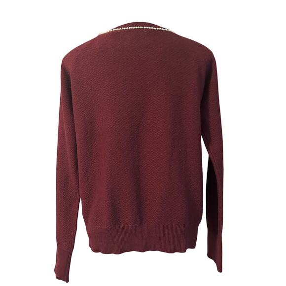Anthropologie Field Flower Pearled Bow Beaded Sweater Maroon Wool Blend Size S - Picture 2 of 8
